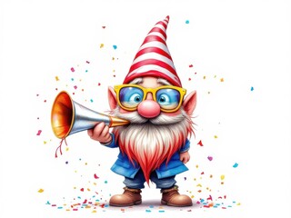 A cute gnome with a horn is celebrating a joyous event with colorful confetti.