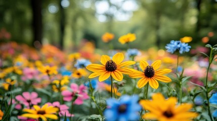 Obraz premium A vibrant field of colorful flowers in a serene natural setting.