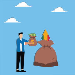 Making money from investments, growing wealth, increasing sales turnover or profits, happy businessmen standing with their money bags filled with rising arrows