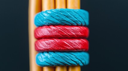Close-up of three colorful rings stacked on wooden sticks against a dark background.