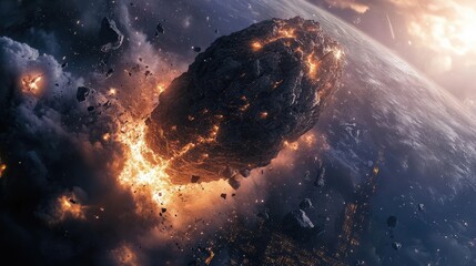 Naklejka premium Giant meteorite impacts on earth, asteroid in collision with earth, comet crash, earth destruction