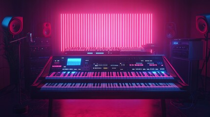 Synthesizer in a futuristic studio setup with glowing neon lights and modern tech devices surrounding it evoking an electronic music vibe
