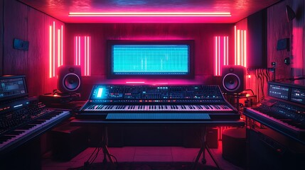 Synthesizer in a futuristic studio setup with glowing neon lights and modern tech devices surrounding it evoking an electronic music vibe