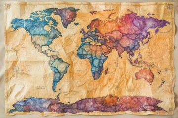 Naklejka premium A Watercolor World Map Depicting Continents and Countries