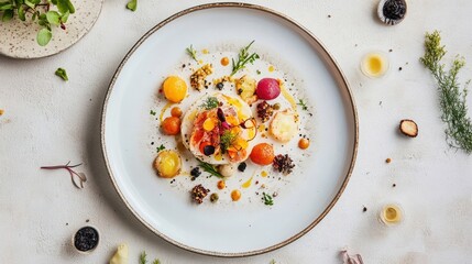 White table with artisanal cuisine on refined plate and taupe background