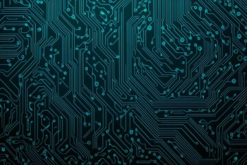 Abstract close-up of a glowing blue digital circuit board, showcasing intricate connections and technological design on a black background.
