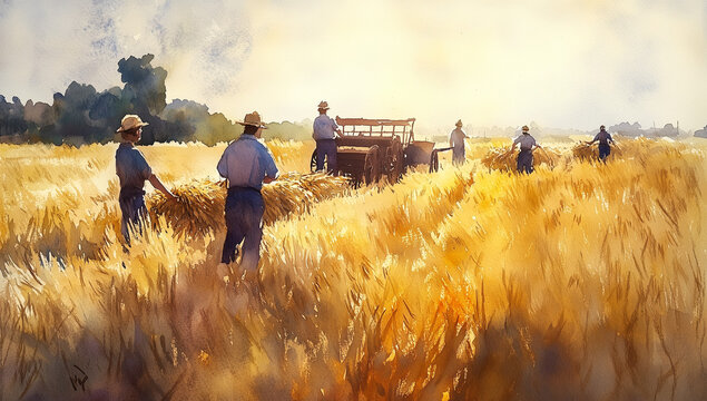 farmers working together in golden wheat field, warm afternoon sunlight, sense of community and common purpose, rural landscape, teamwork