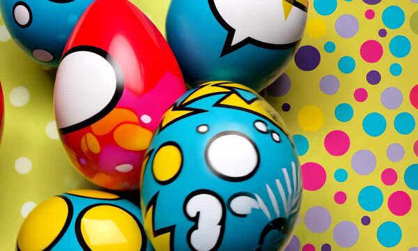 Vibrant Easter eggs in a comic book style with speech bubbles with copy space for text. Mockup copyspace. Retro vintage style