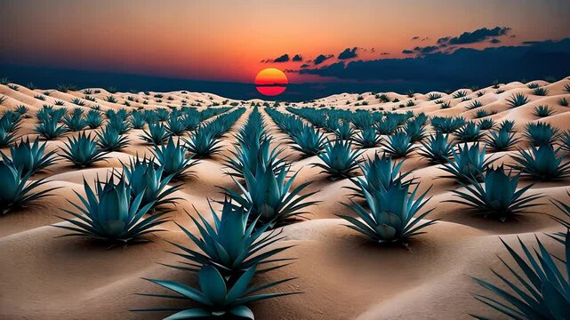 Vibrant Agave Field in Desert Landscape at Sunset with Dramatic Sky and Sand Dunes in a Serene Environment

