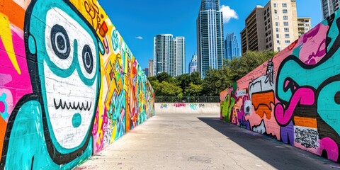 Colorful Urban Graffiti Mural with City Skyline Background