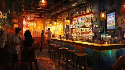 Artistically capturing the bar scene in a lively and inviting atmosphere.