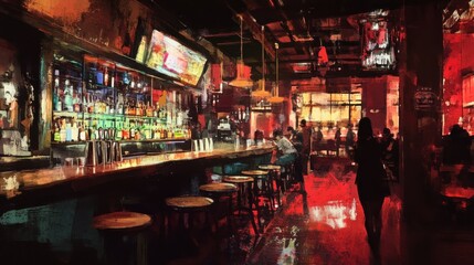 Artistically capturing the bar scene in a lively and inviting atmosphere.