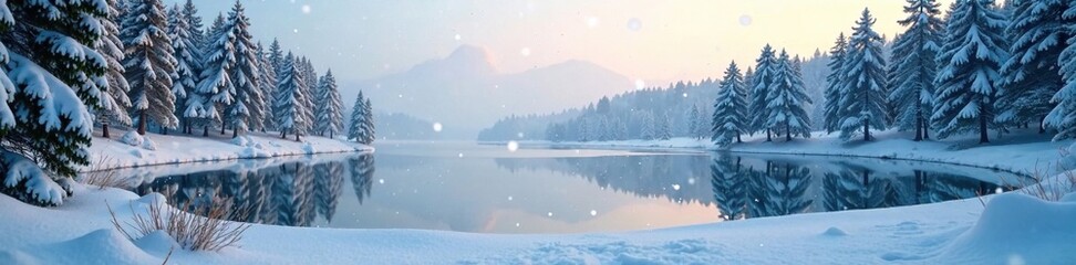 Fototapeta premium Snowflakes gently fall on a frozen lake amidst pine trees, snow covered ground, frozen lake