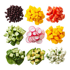 assorted diced vegetables and beans in separate piles isolated on a white background