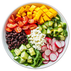 Epic summer salad in a bowl top view on a white background