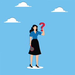 Analyzing and researching questions to find meaning or answers, businesswoman with a magnifying glass looking at a question mark held in his hand