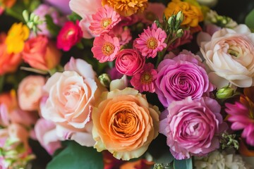 A vibrant bouquet of colorful roses and flowers