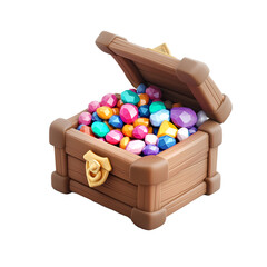 A 3D rendering of a cartoon treasure chest filled with colorful gems and coins, isolated on white background.