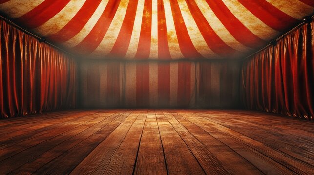 Empty circus tent background. Red and white stripes, playful backdrop for performances. Wooden floor. Fun event, entertainment, nostalgia. Promotional blank place for text, mock up.