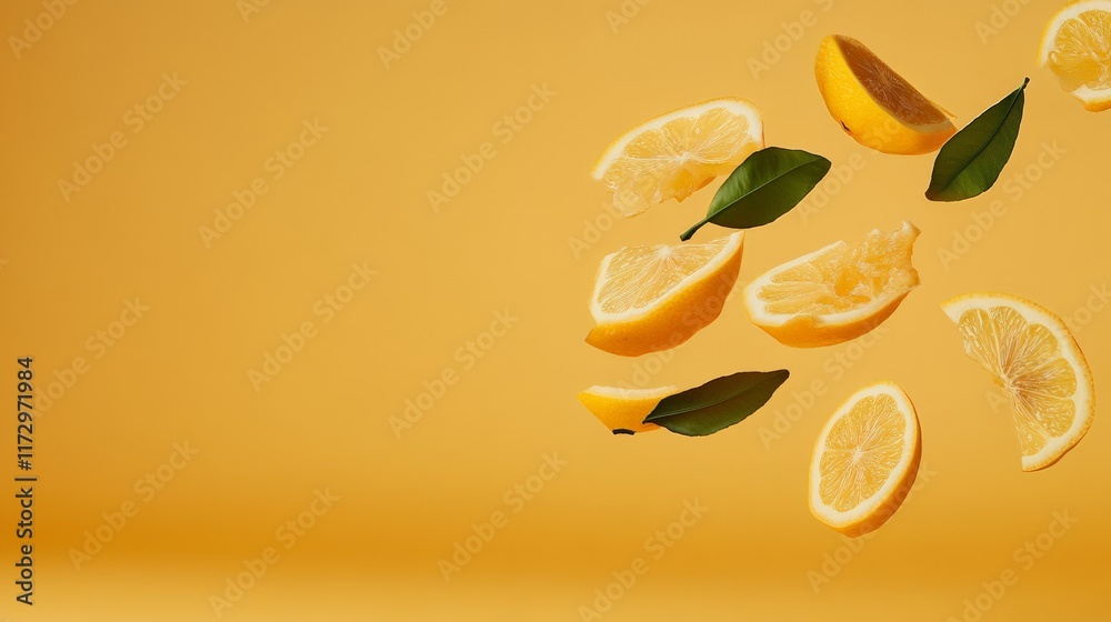 Poster fresh lemon slices and vibrant green leaves levitating against a lively orange backdrop create a dyn