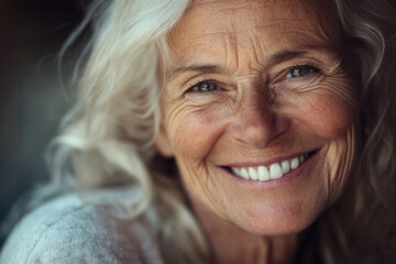 Close-up portrait joyful elderly woman with radiant smile, bright eyes, silver hair, expressive face exude happiness, warmth, confidence. For themes of aging gracefully, positivity, beauty in maturity