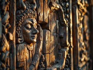 An intricate wood carving depicts a serene face, highlighting artistry, history, and cultural traditions.