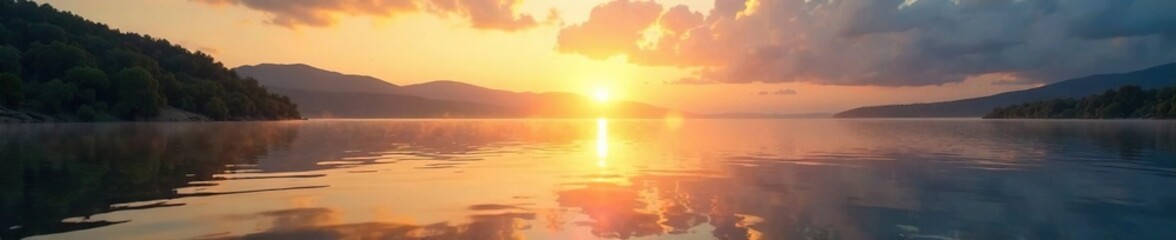 Fototapeta premium Superior Lake's tranquil waters glow with warm sunlight, water, light, sunset