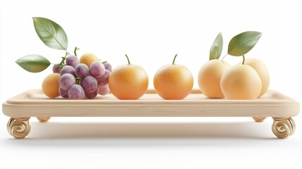 Fruits for Offering Fresh fruits arranged on a wooden platter with leaves.