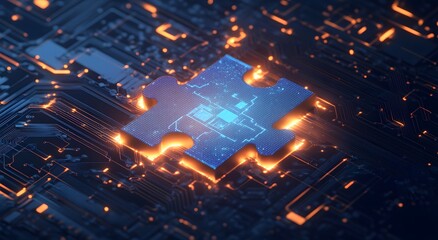 Obraz premium Abstract digital puzzle pieces fitting together on an illuminated circuit board, symbolizing the complexity of technology and technological solutions. Representing advanced technology