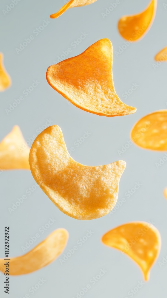 Poster Several crispy golden potato chips are levitating against a light blue background, creating a visually appealing scene that suggests snacking and enjoyment