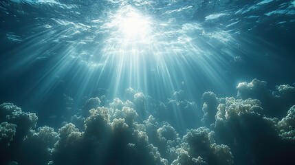 Fototapeta premium Mystical underwater landscape revealing sunlight streaming through ocean depths
