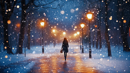 female silhouette snow park winter cozy exterior with big snowflakes