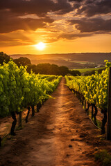 Naklejka premium Aesthetically Captivating Vineyard: The Majestic Domain of Grapevines Under the Warm Hues of the Setting Sun