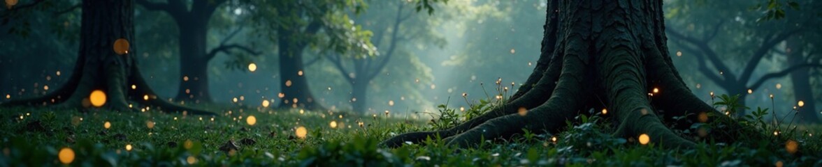 Fototapeta premium Twinkling fireflies dance around ancient tree trunks, natural light, misty atmosphere, undergrowth