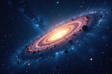 Vast galaxy of stars and planets in a blue and gold sky, Blue, Stellar Field, Galaxy