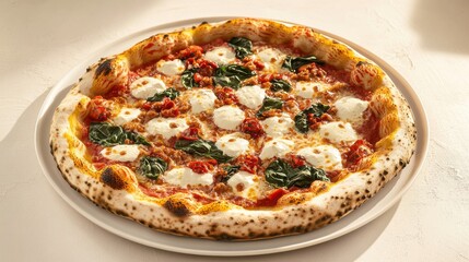 White table with artisan pizza on refined plate and taupe background