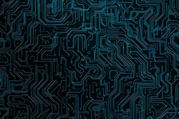 Abstract close-up of a glowing blue digital circuit board, showcasing intricate connections and technological design on a black background.

