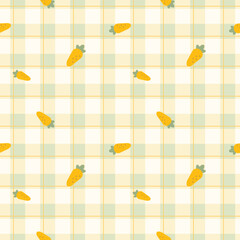 Gingham seamless vector pattern with kawaii carrots. Tartan check for tablecloths, napkins, clothes, packaging, for the Easter holiday. Cozy cute childish. easter color.