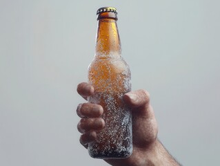 Frosted Beer Bottle in a Hand Against a Gray Background