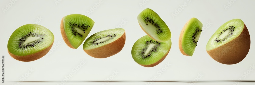 Poster slices of kiwi, both whole and cut, levitating against a minimalist white backdrop, create a vibrant