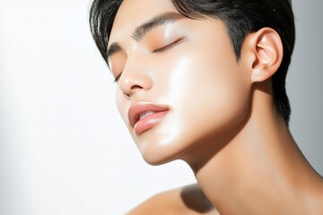Close-Up Portrait of Japanese Male Model for Skincare Advertisement, Studio Shot on White Background