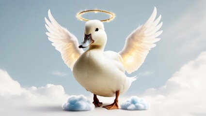 Heavenly duck with wings clouds digital art bright background whimsical concept
