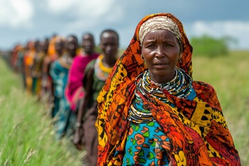 Fototapeta premium Samburu women walking in a line in traditional clothes and jewelry in kenya, africa
