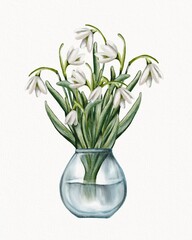 Beautiful white snowdrop flowers arranged in a clear glass vase on a light background
