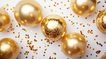 Gold shiny confetti and gold balloons on white background, middle has open space for your message copy, Celebration and party invitation concept