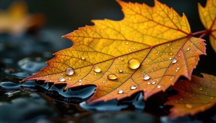 Yellow orange autumn leaf with intricate raindrop details, water, nature