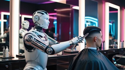 Robot barber cutting hair futuristic salon technology showcase modern environment close-up view
