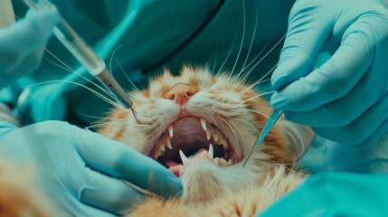 Cute kitten undergoing examination at veterinary clinic for promotional poster. 