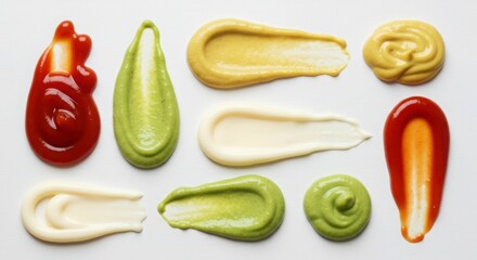 Variety of Sauce Swatches, Ketchup, Mustard, Mayonnaise and Wasabi on White Background