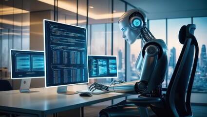 Robotic programmer analyzing data from multiple screens in modern office environment